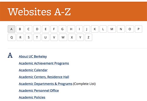 Screenshot of the letter A section of the A-Z web registry, with the letters of the alphabet across the top, and a few links below the letters