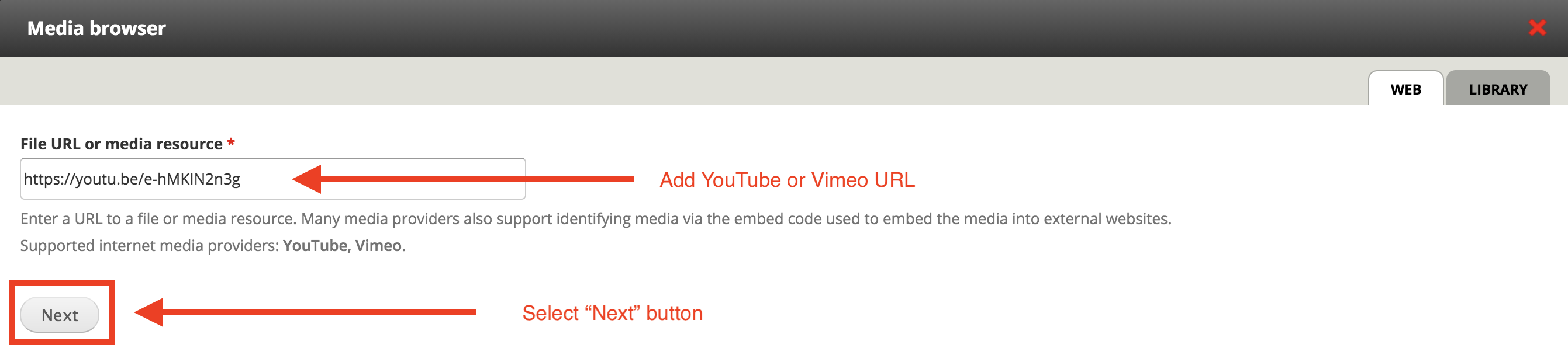 Screenshot of media browser modal, with YouTube URL in the "file URL or media resource" field