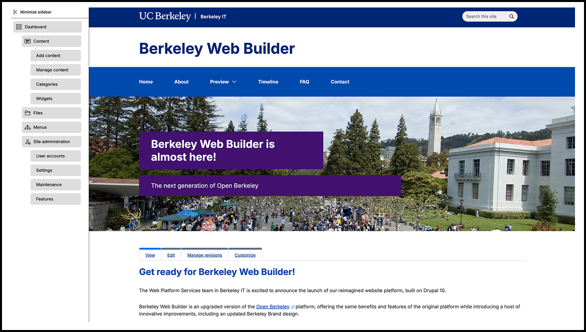 Preview of new Berkeley Web Builder homepage with site builder menu