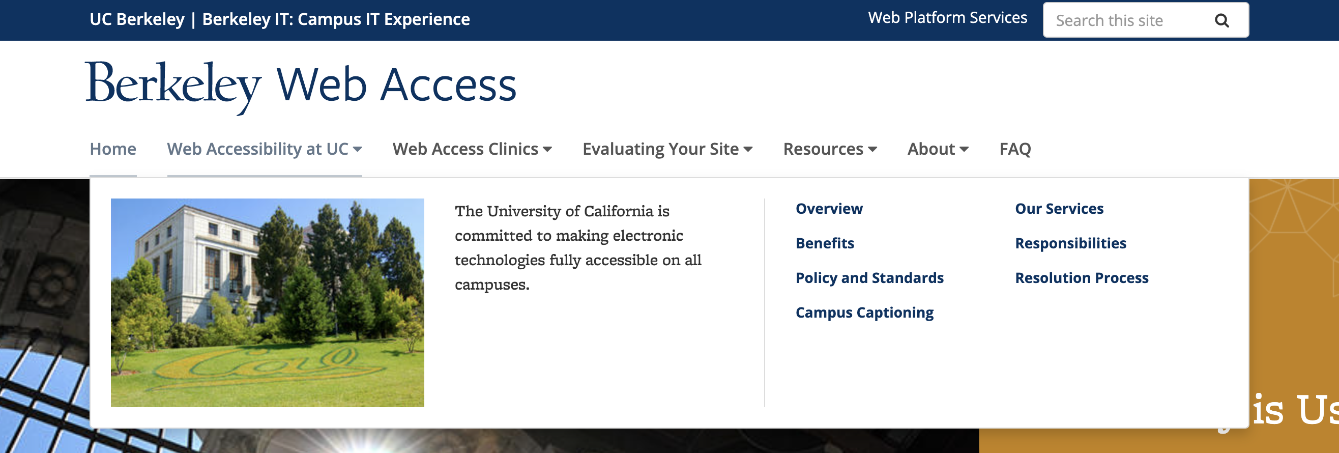Screenshot of the Web Access site with the mega menu expanded