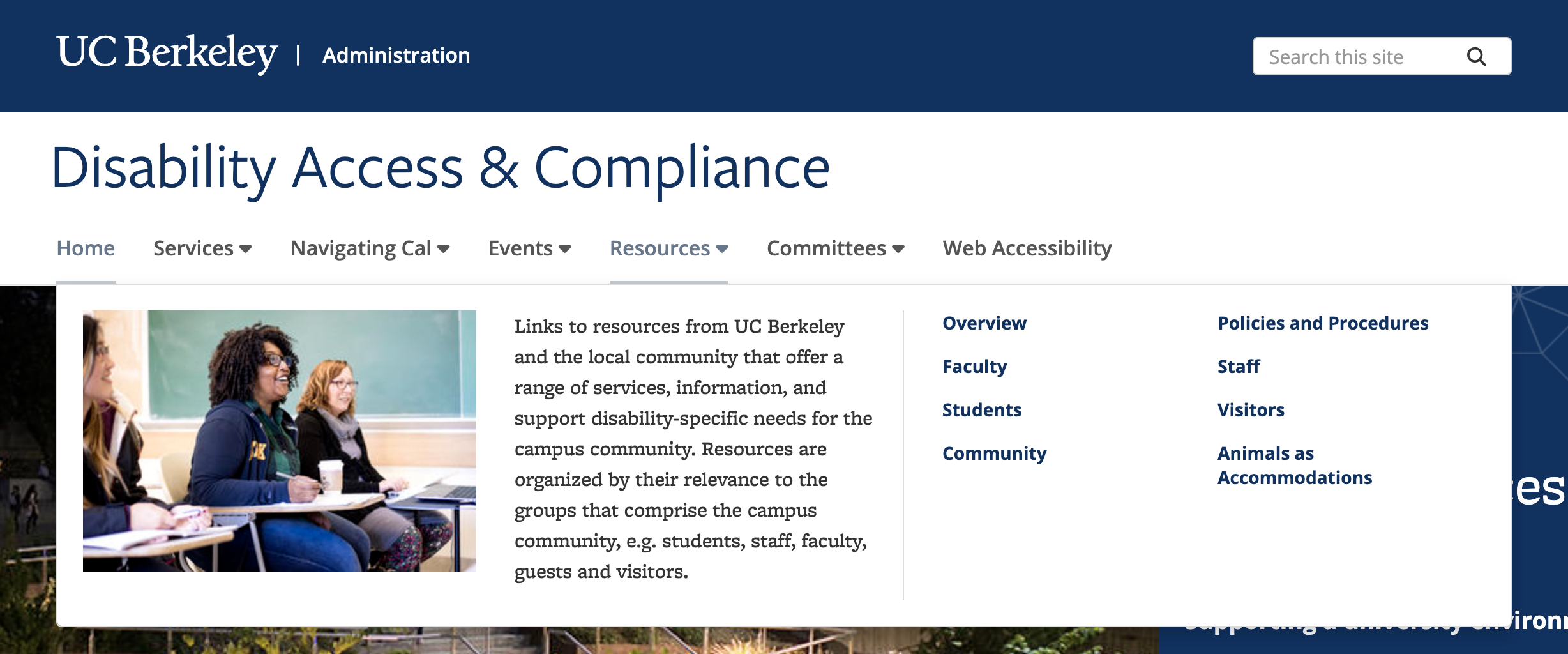 Screenshot of the Web Access site with the mega menu expanded