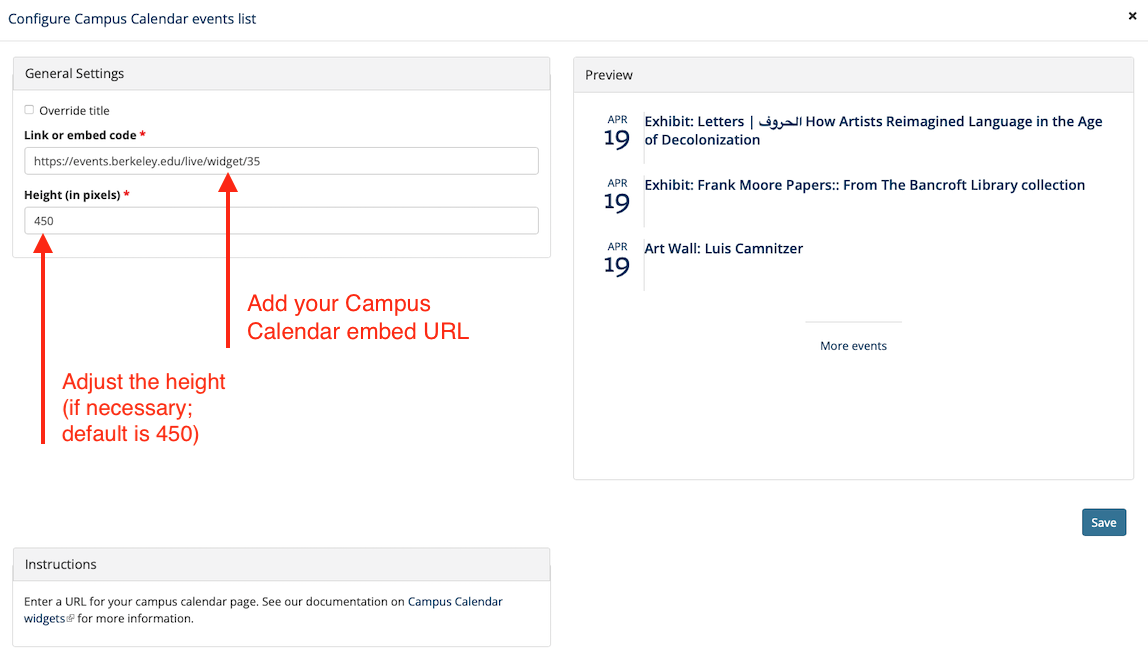 Screenshot showing configuration of a Campus Calendar widget