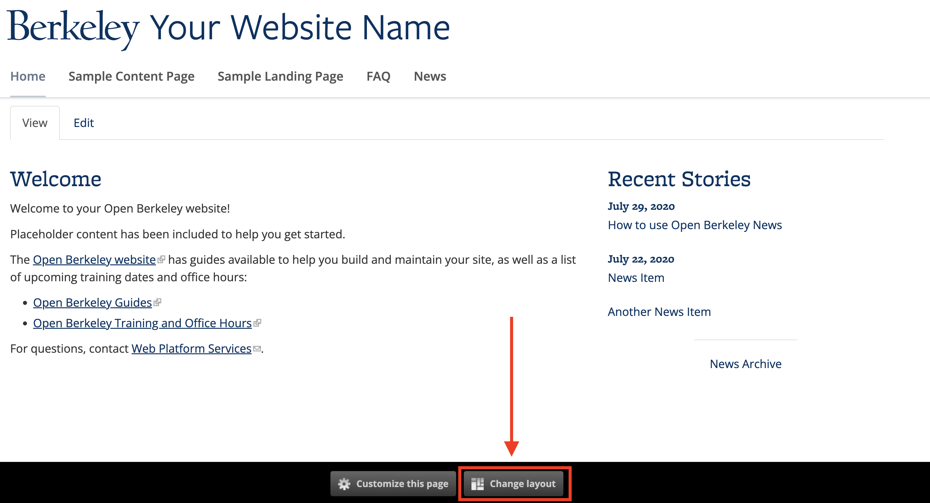 Screenshot of an Open Berkeley homepage with the Change Layout button highlighted