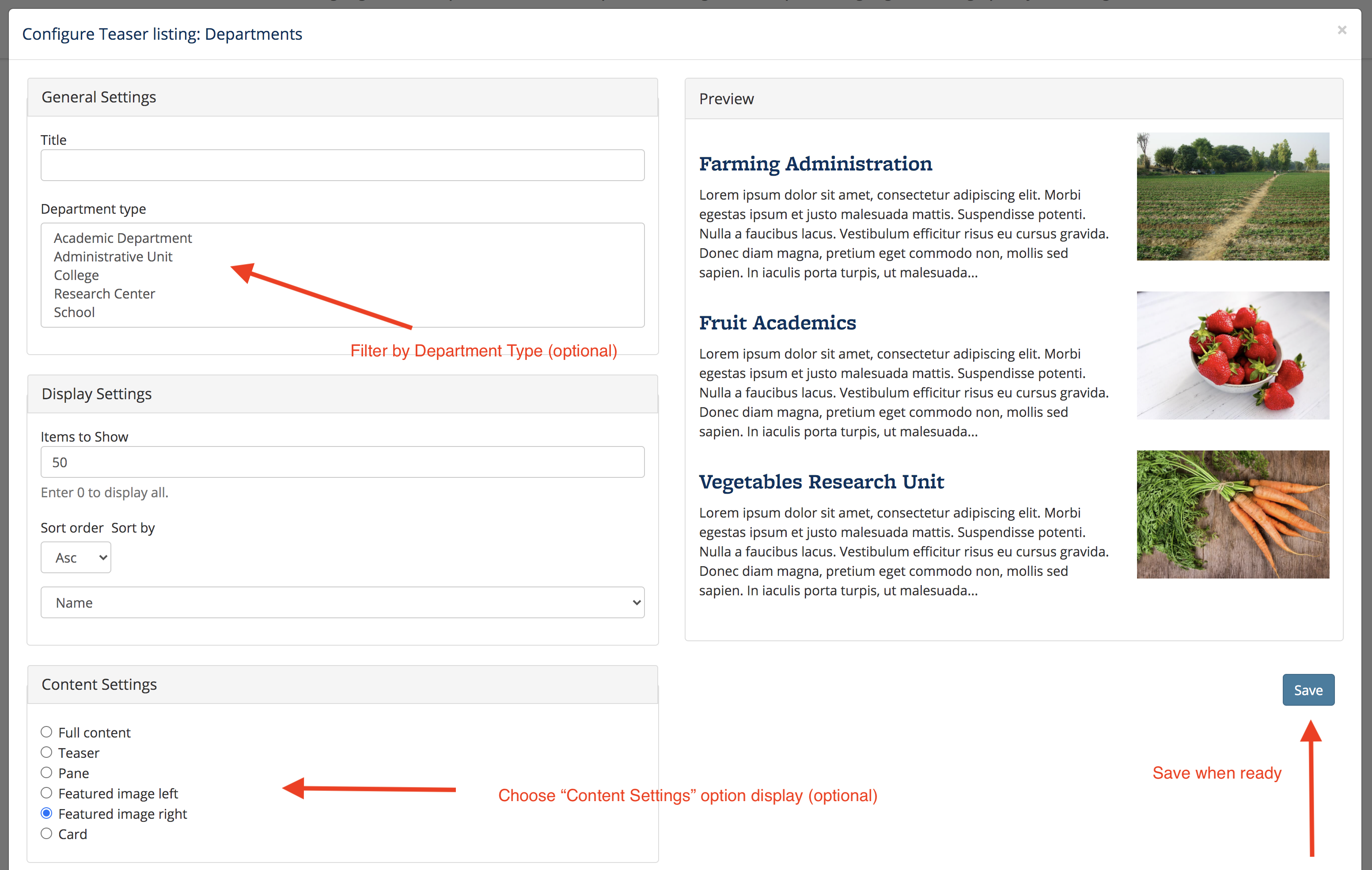 Screenshot of Teaser Listing Departments widget editing screen