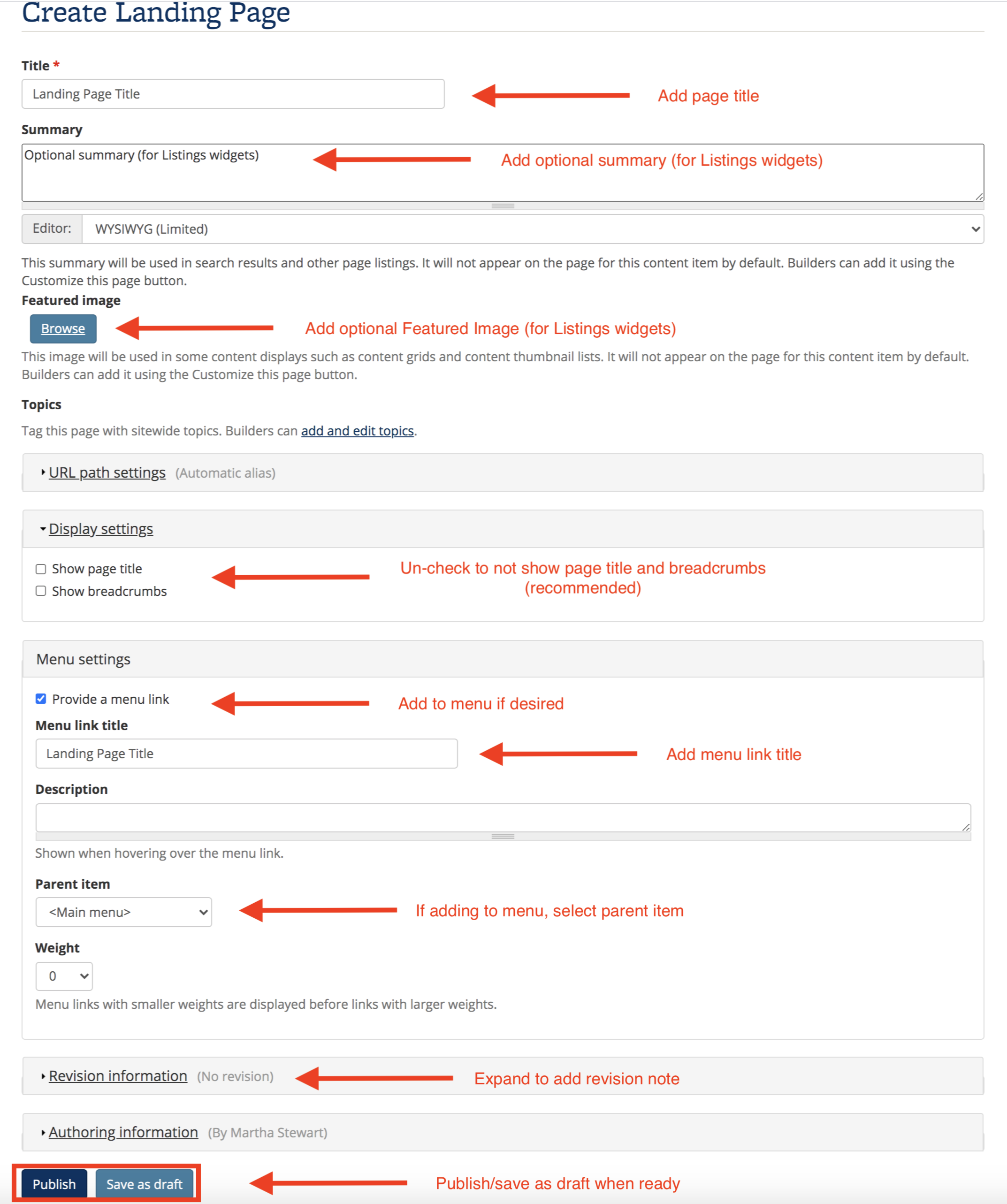 Screenshot of Landing page settings