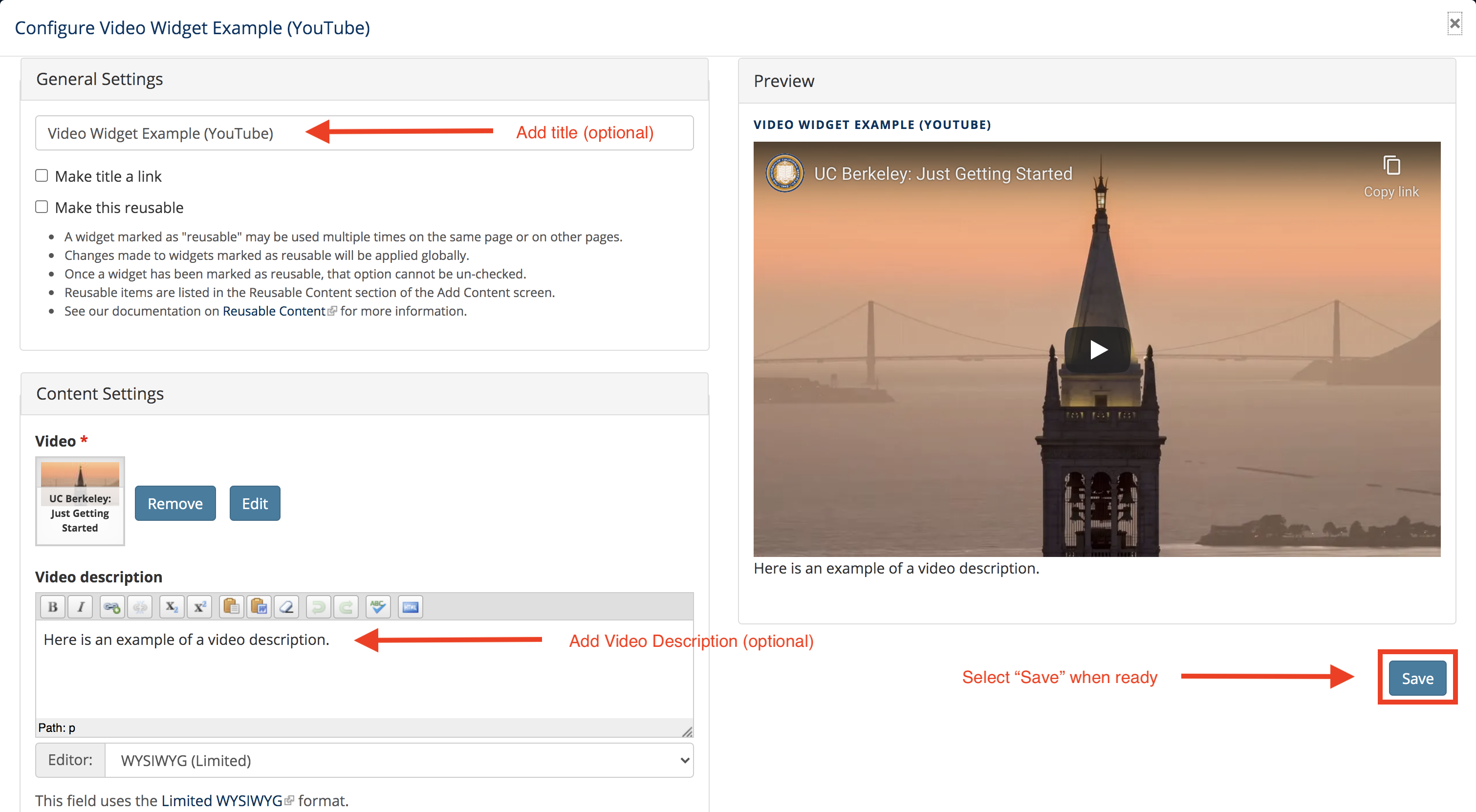 Screenshot of Add Video modal screen, where you can add an optional title and video description, and save the widget when ready
