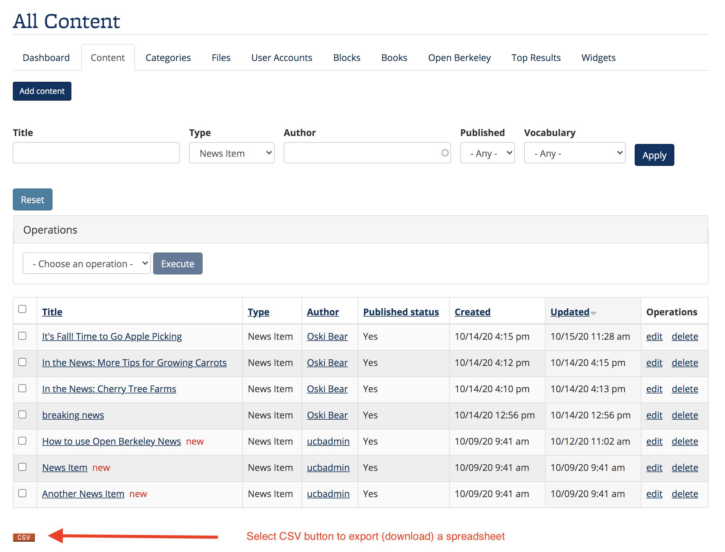 Screenshot of CSV button on Content dashboard