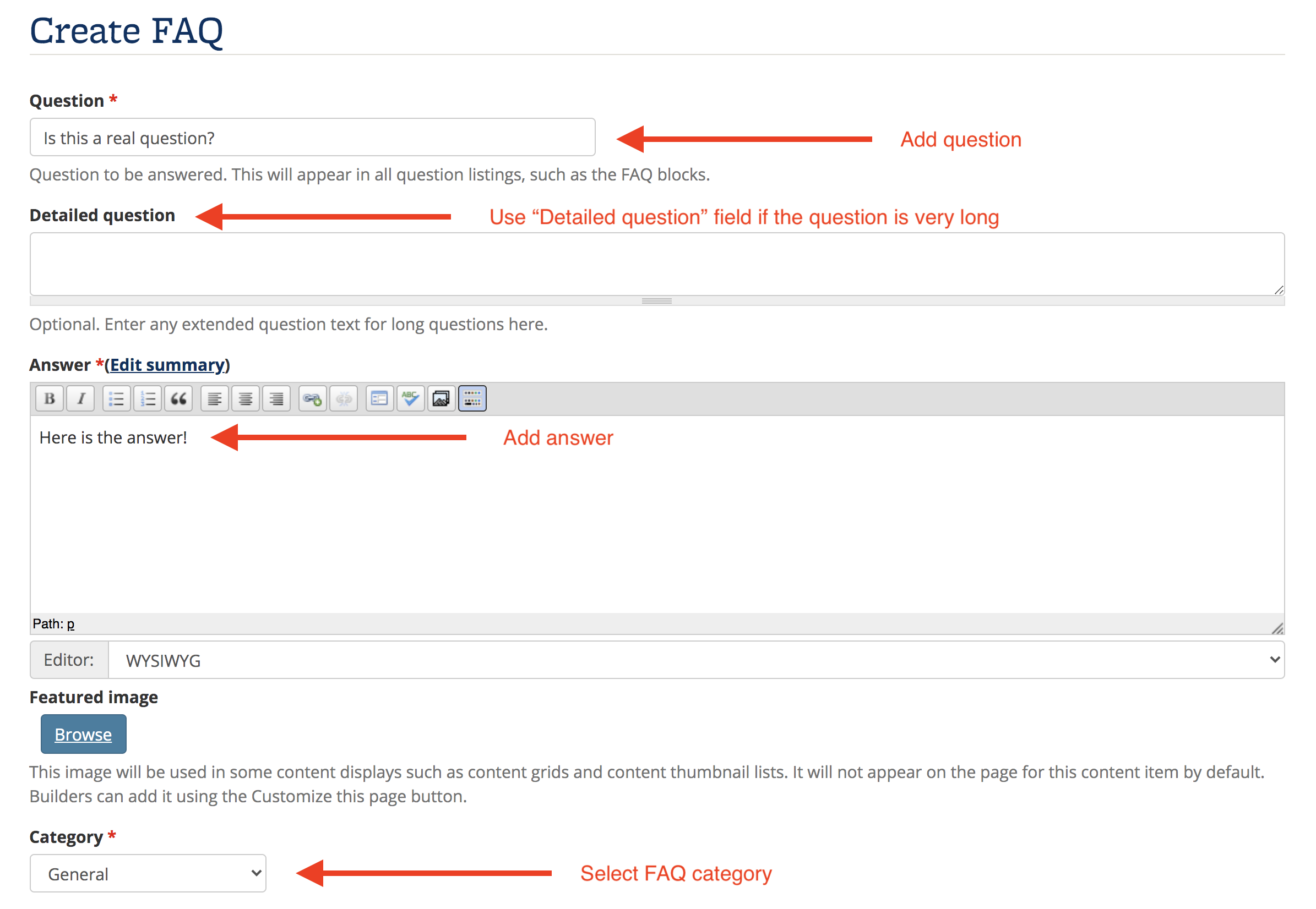  Screenshot of the Create FAQ editing interface