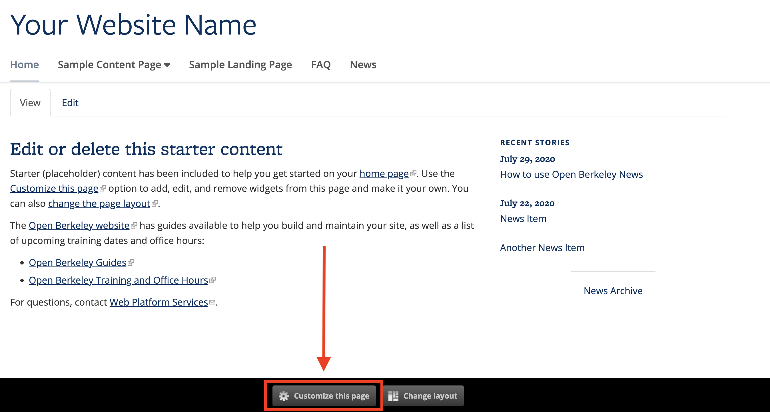 Screenshot of an Open Berkeley homepage with the Customize this Page button highlighted