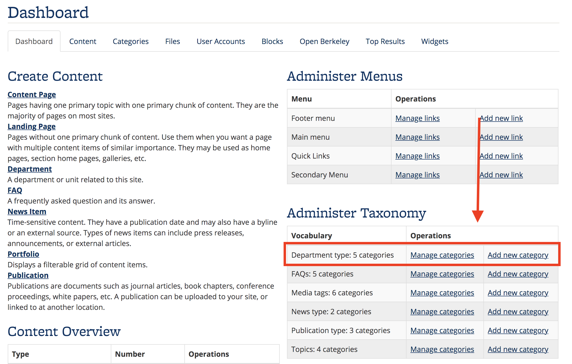 Screenshot of Department types section on Site Builder dashboard