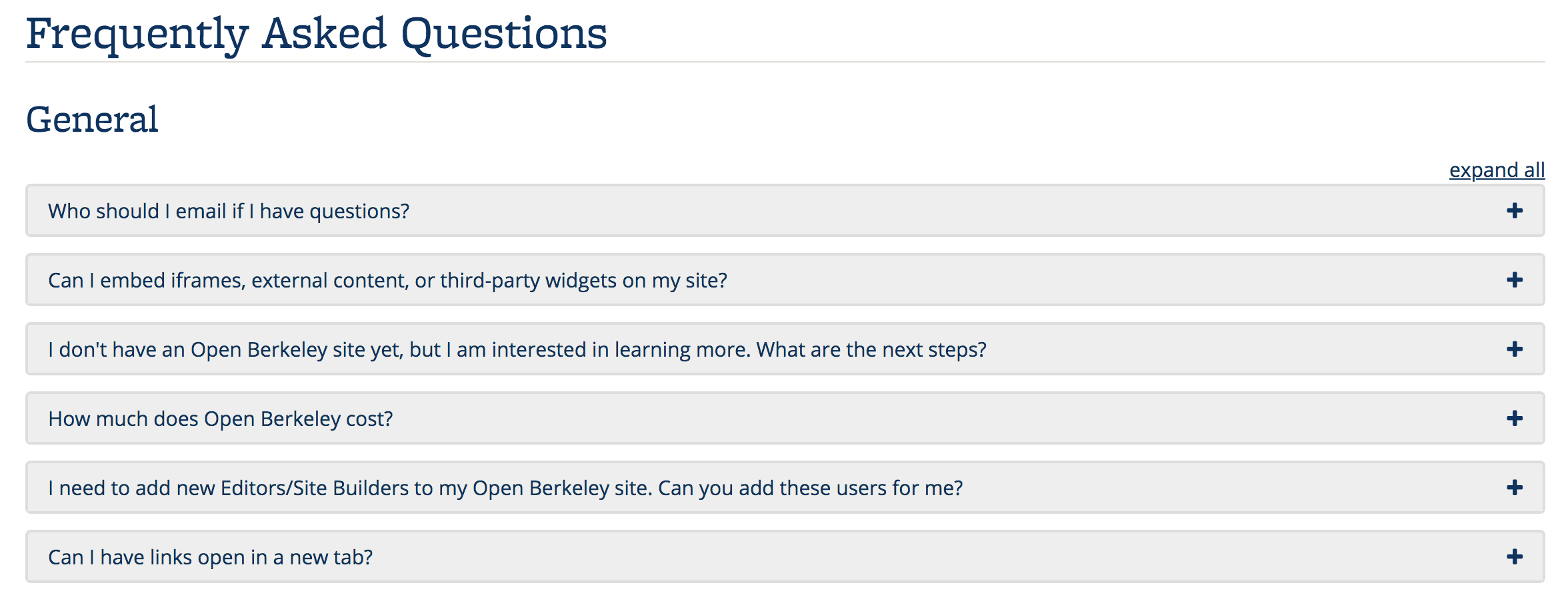  Screenshot of FAQs in collapsible format