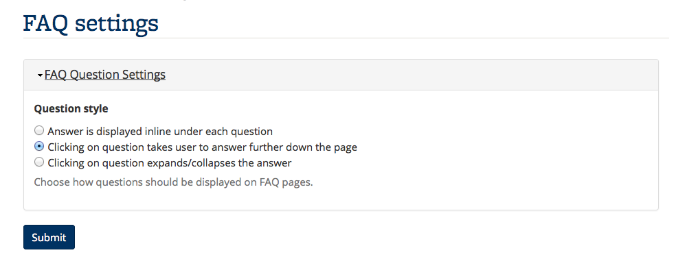 Screenshot of FAQ settings dashboard