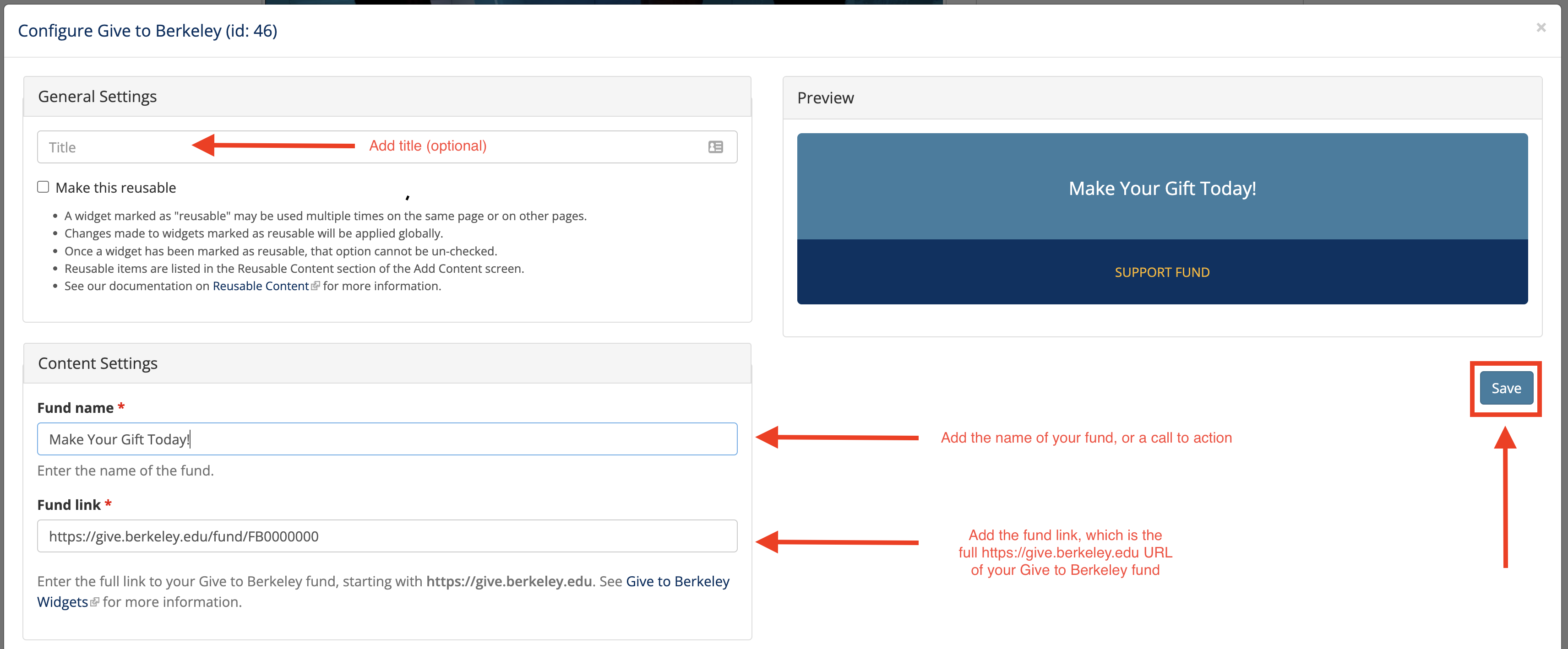 Screenshot of Give to Berkeley widget configuration screen, with the title, fund name, fund URL, and Save options highlighted