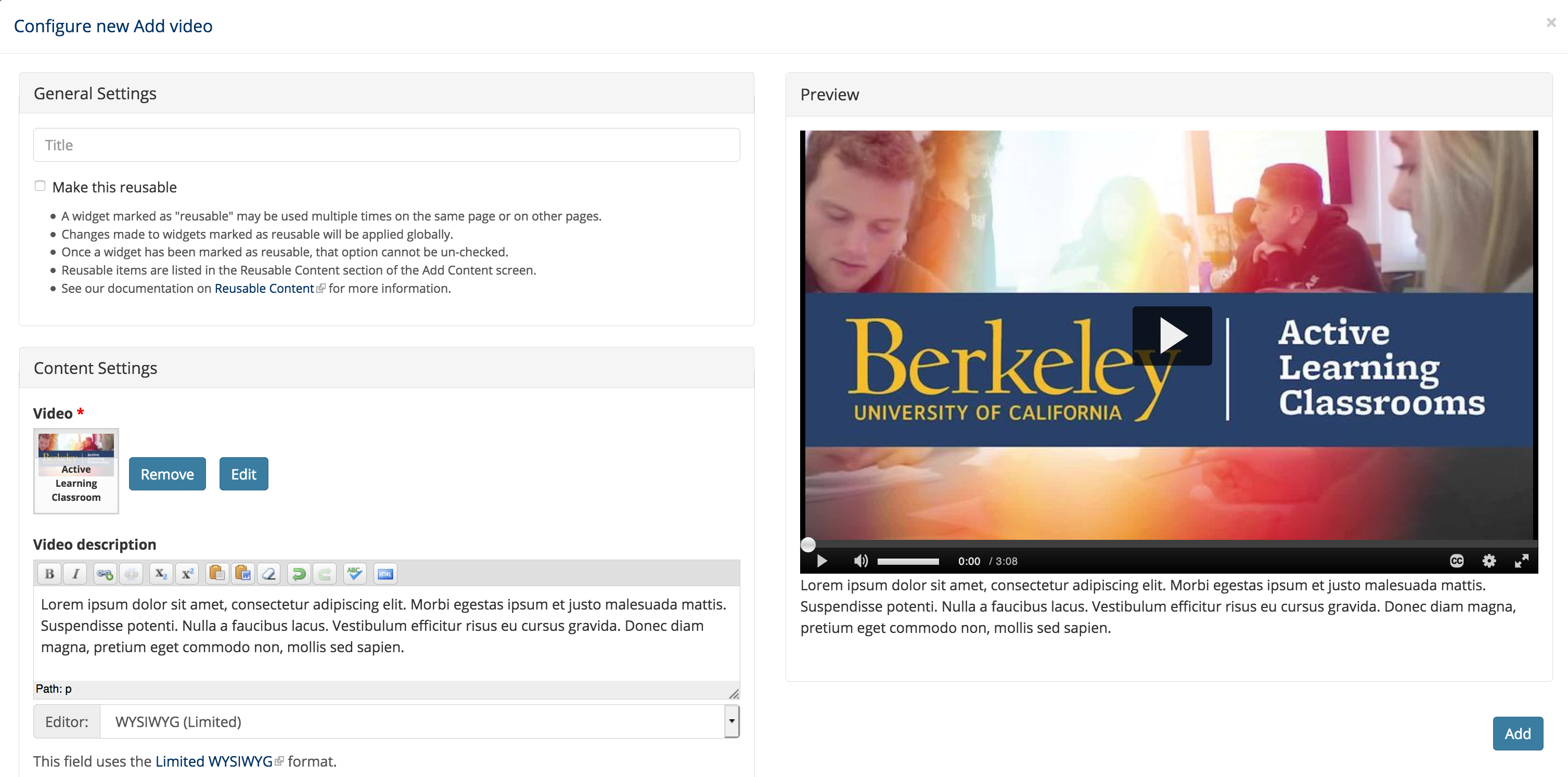 Screenshot of Add Video modal screen, with Kaltura video and video description