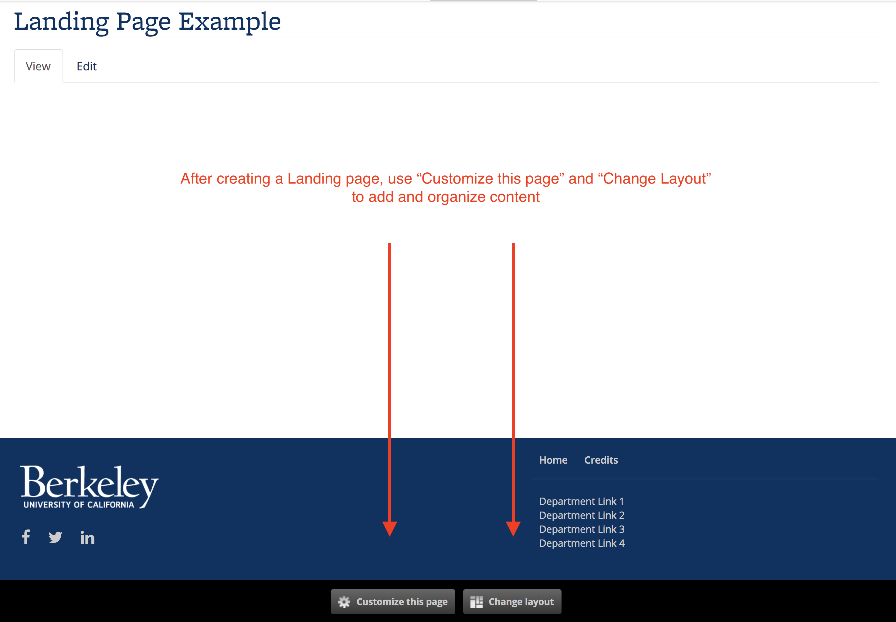Screenshot of blank Landing page, where the Customize buttons should be used to add and organize content