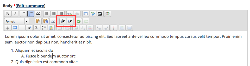 Screenshot highlighting the list indent buttons in the WYSIWYG toolbar