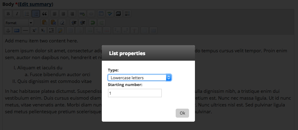 Screenshot showing the list properties dialog in the WYSIWYG editor