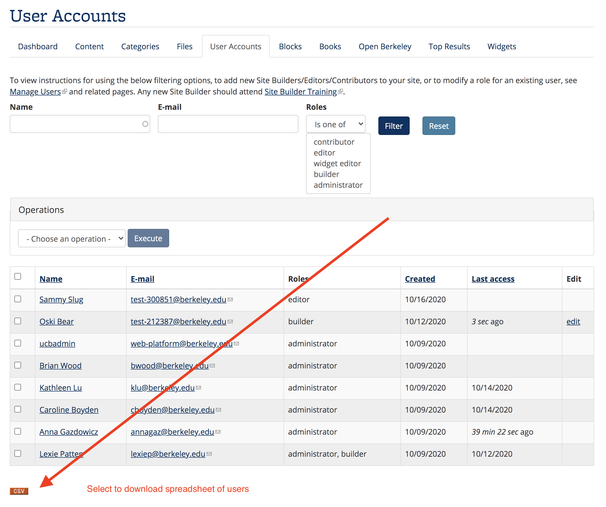 Screenshot of CSV button on User Accounts page