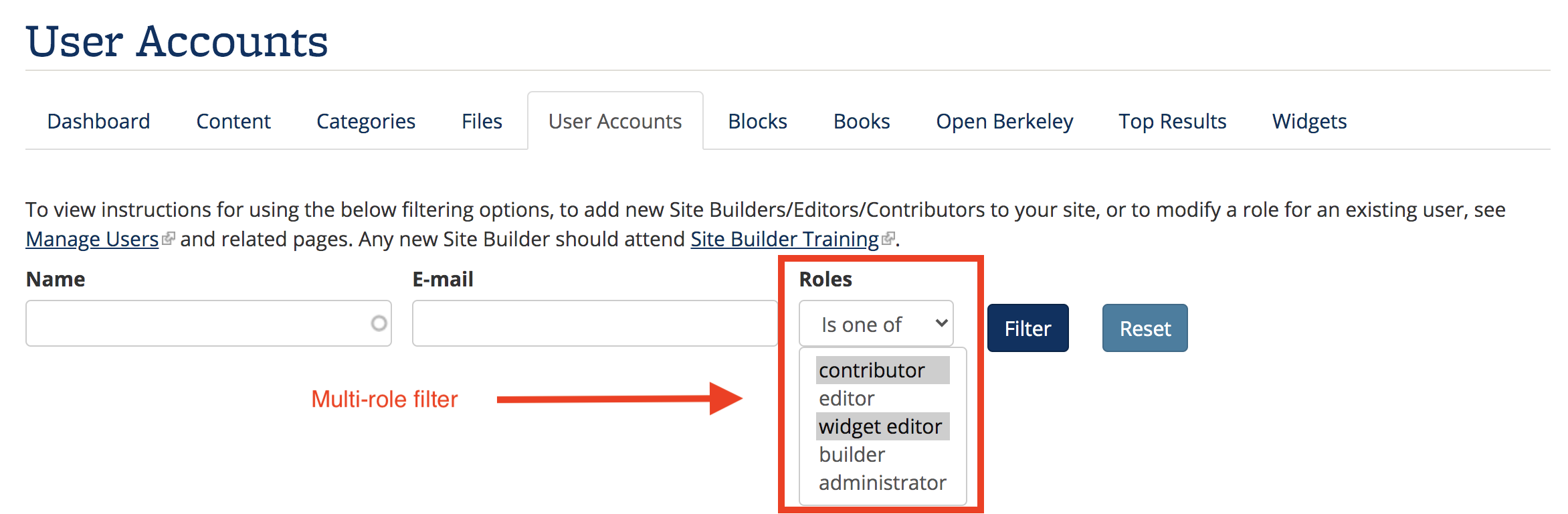 Screenshot of multi-role filter on User Accounts page