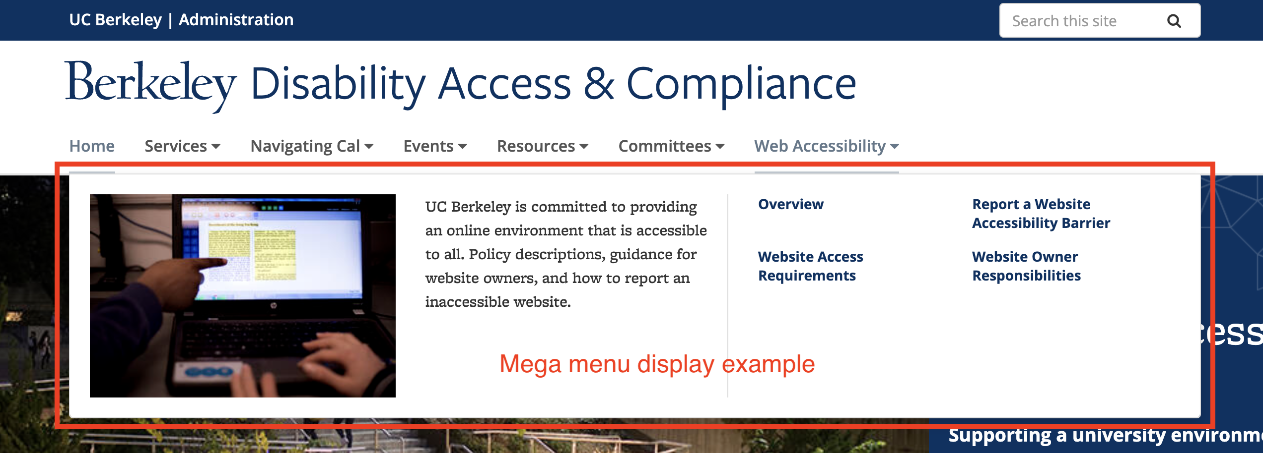 Screenshot of the mega menu expanded on the Disability Access & Compliance site