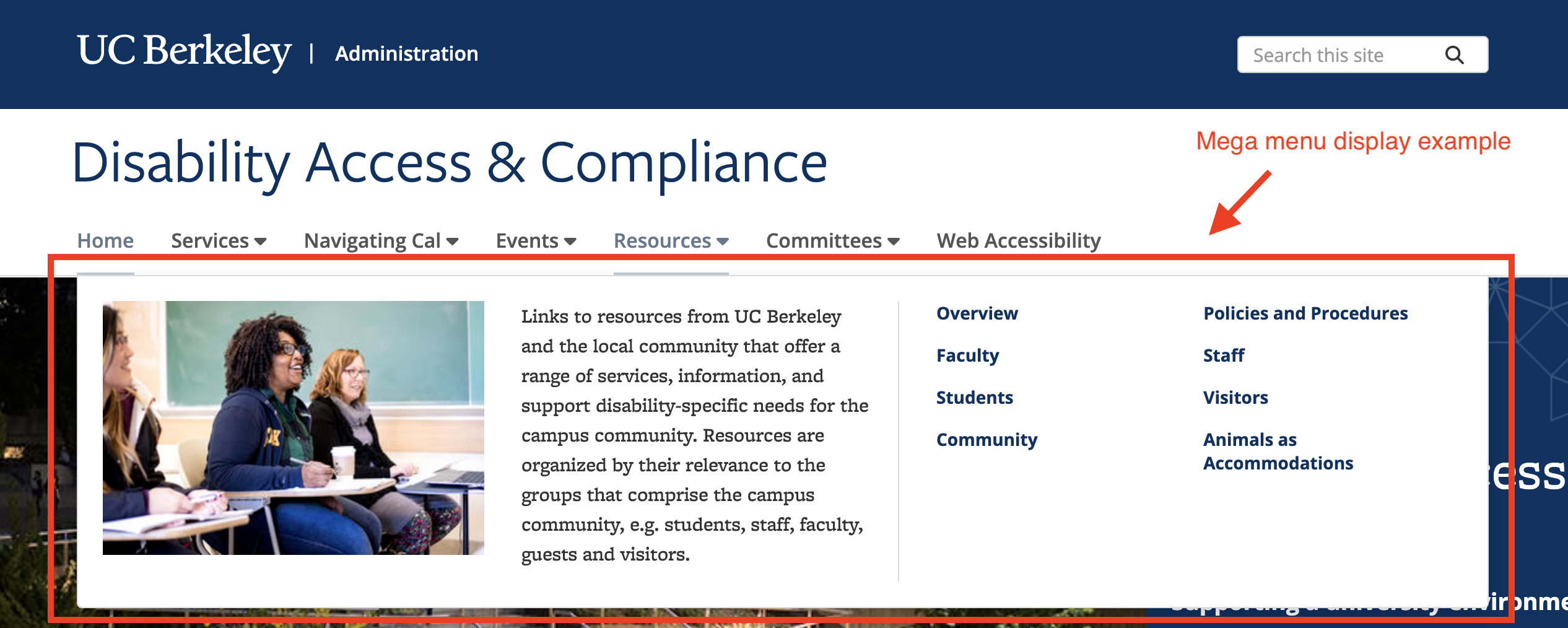 Screenshot of the mega menu expanded on the Disability Access & Compliance site