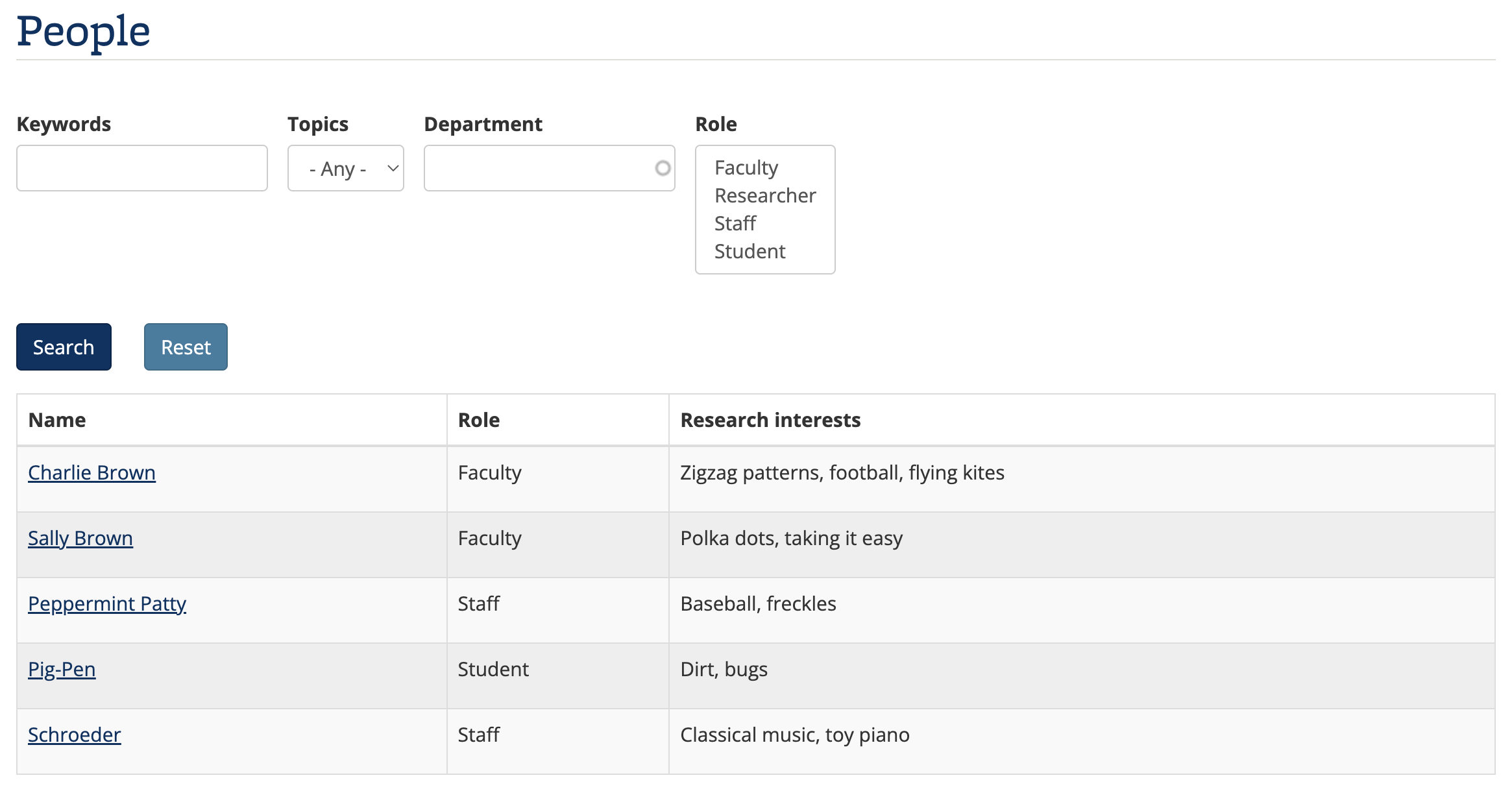 Screenshot of an example of a People search and results widget