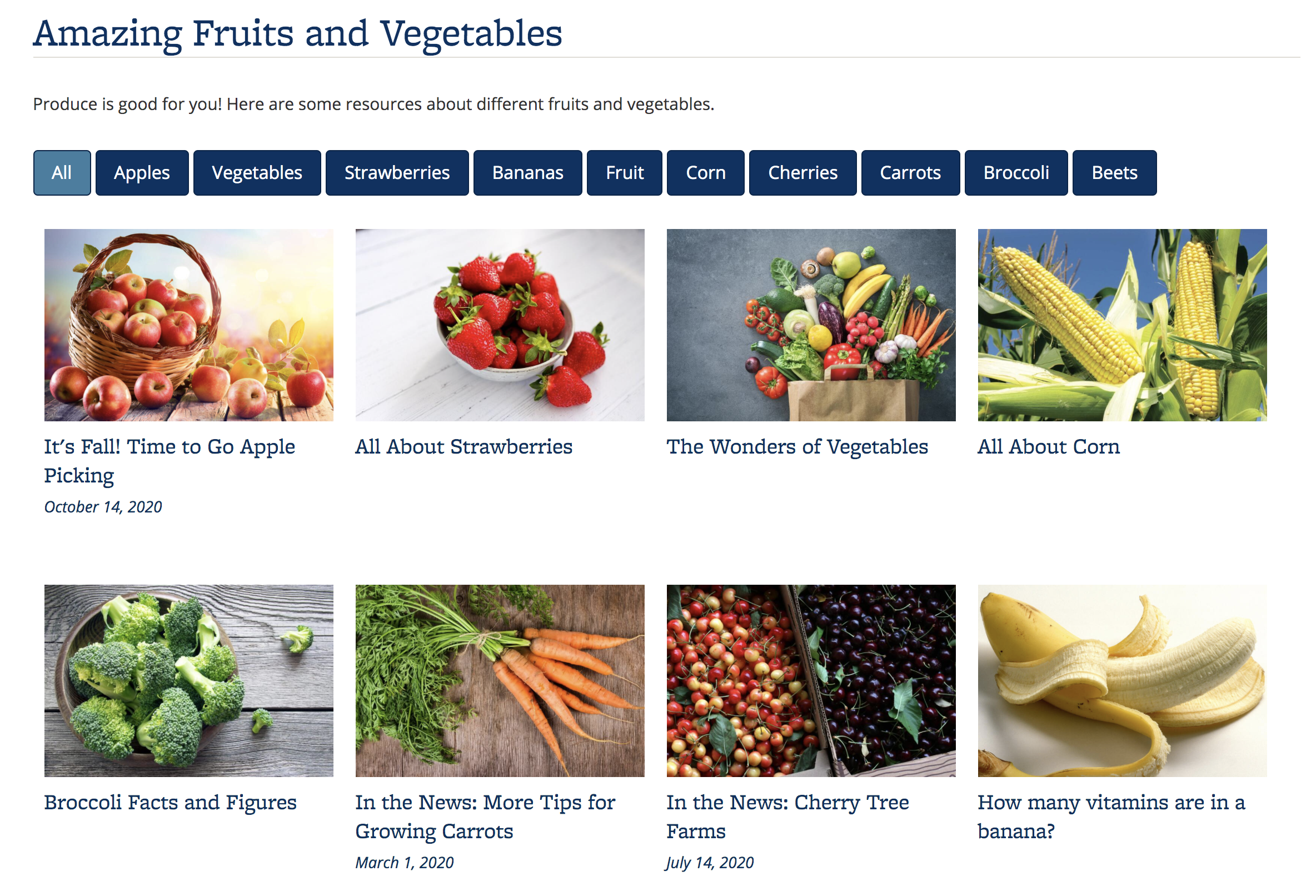 Screenshot of Portfolio about fruits and vegetables, using the Card display, which shows a photo and the title of the content item. The photo is a background image and will not be read.