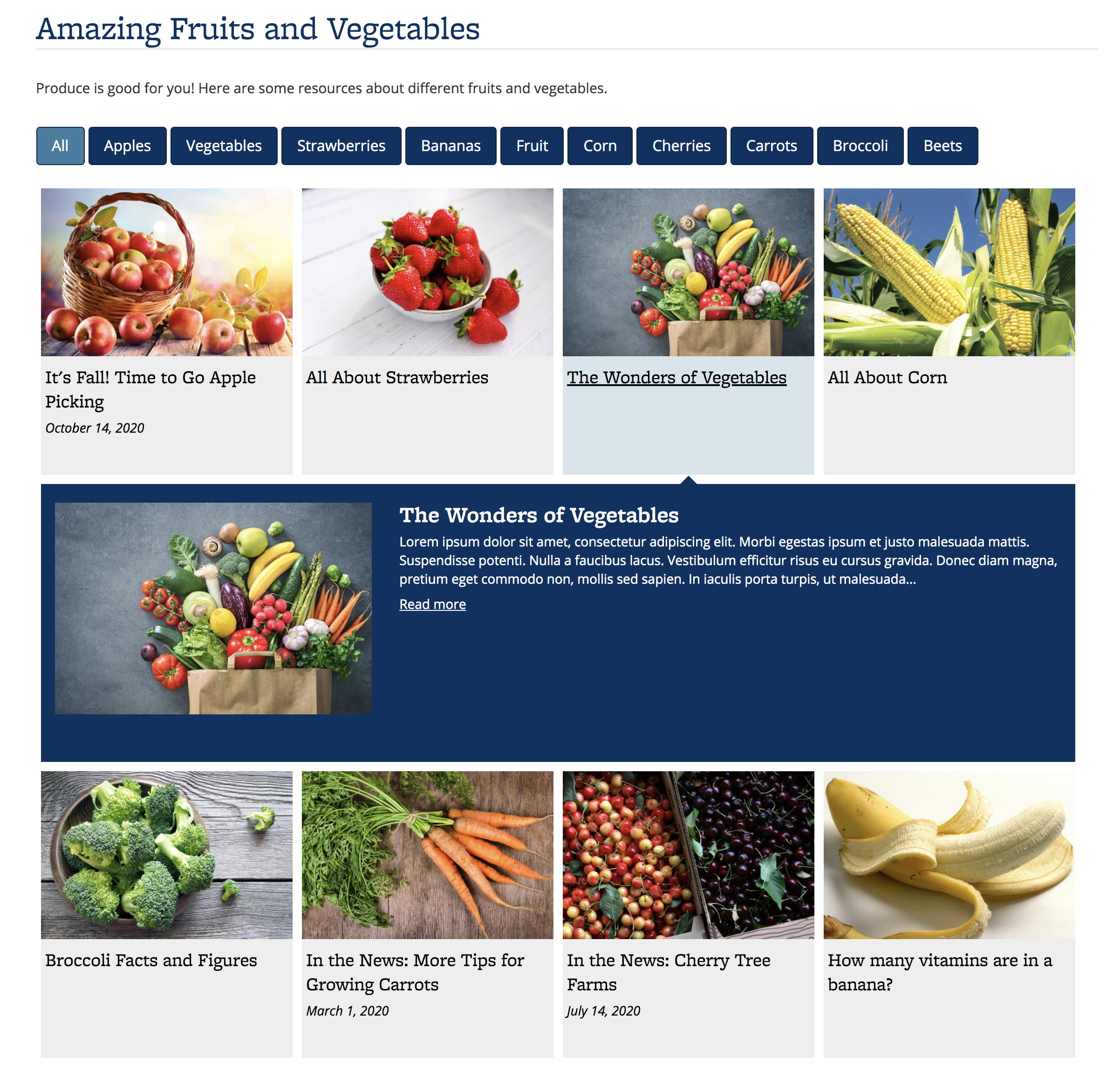 Screenshot of Portfolio about fruits and vegetables, using the Expanding Grid display, which shows a photo and the title of the content item. The photo is a background image and will not be read.