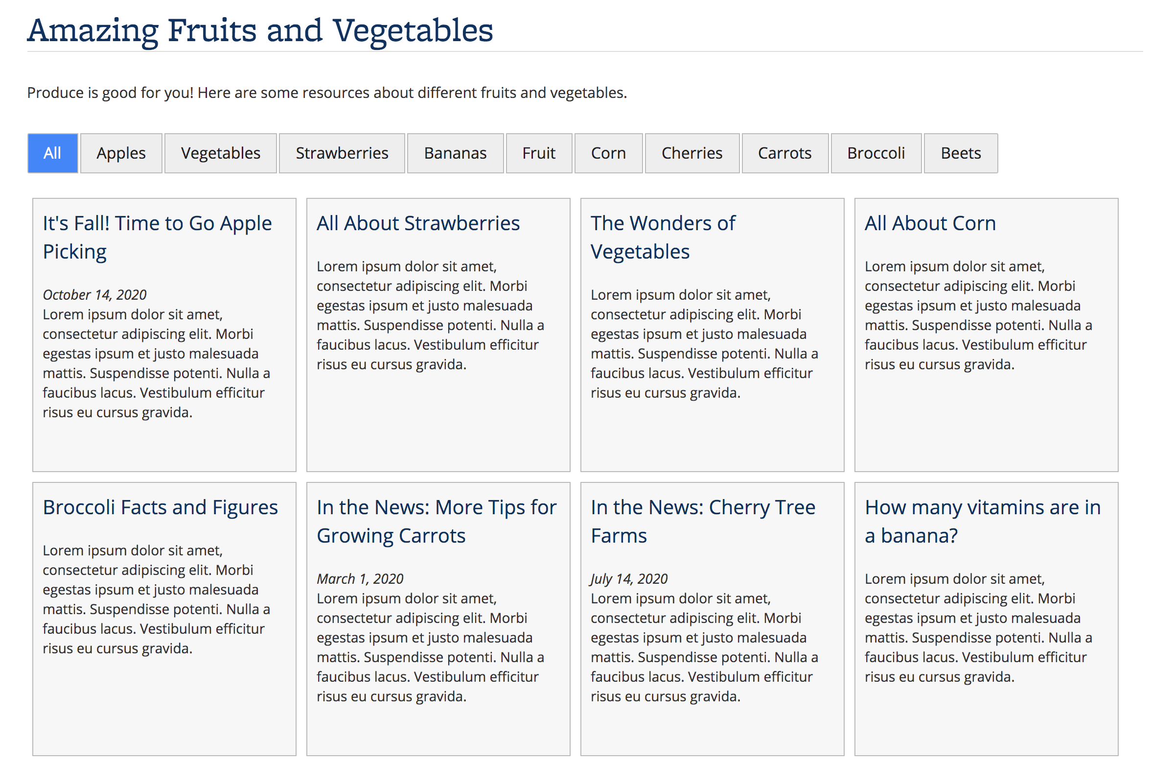 Screenshot of Portfolio about fruits and vegetables, using the Legacy display, which shows the title of the content item, and maybe a summary