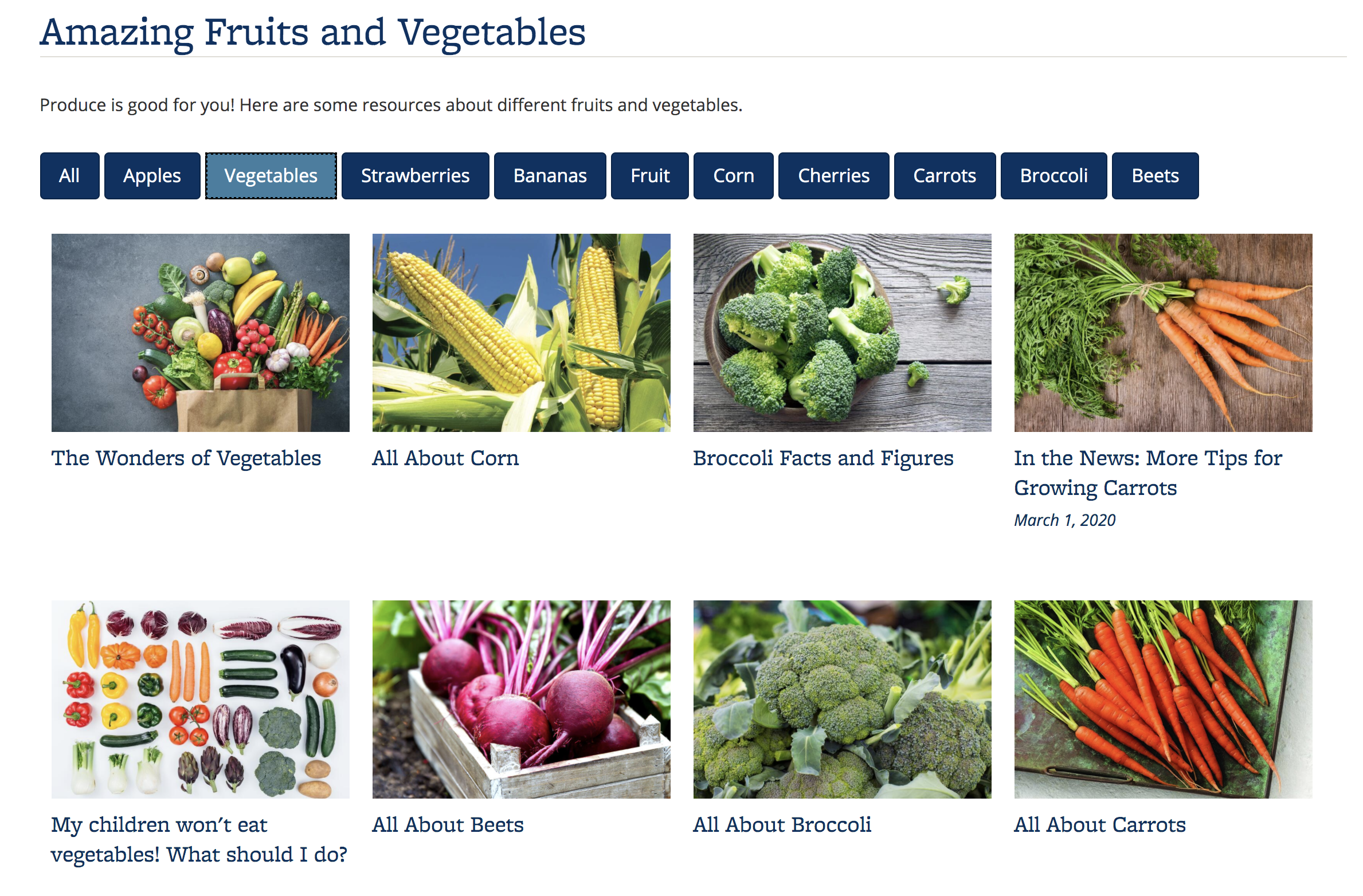 Screenshot of a Portfolio about fruits and vegetables, with the Vegetables category selected