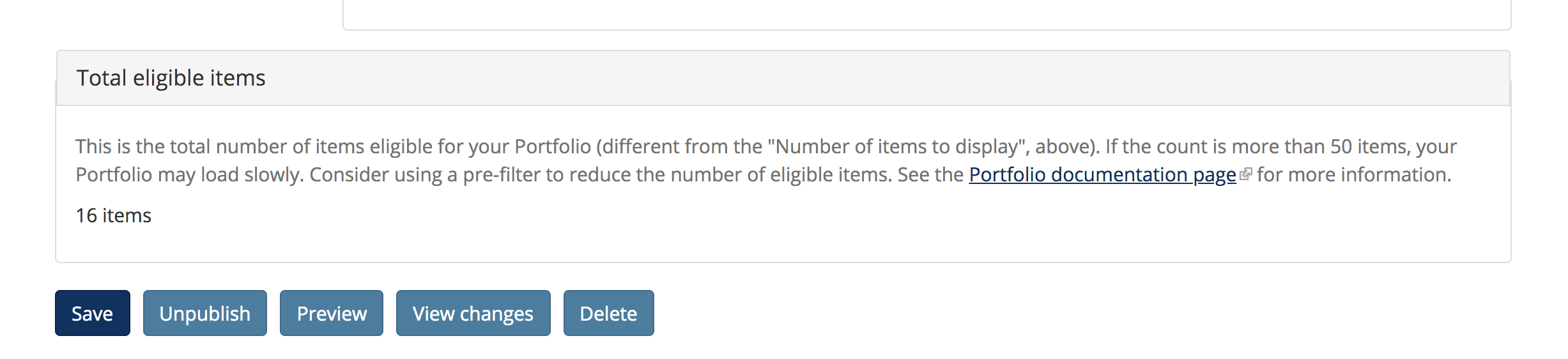 Screenshot of total number of items available in the Portfolio