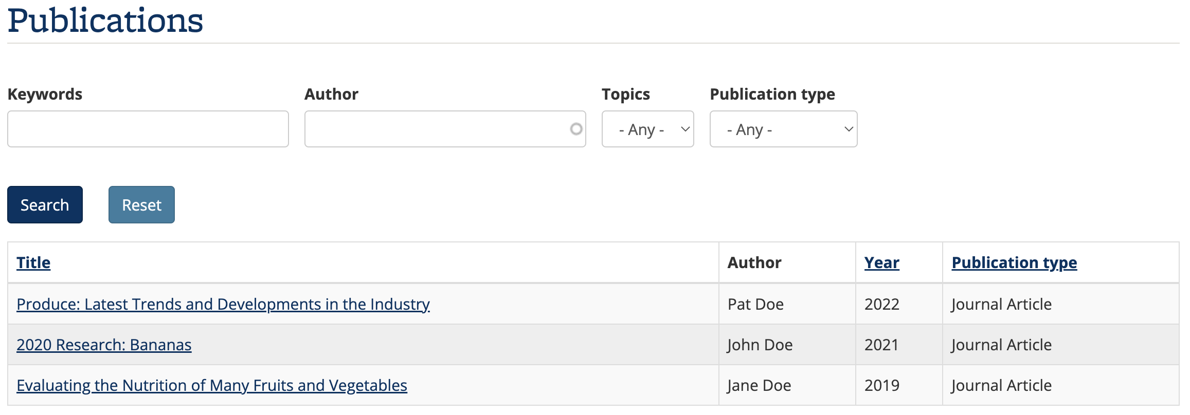 Screenshot of a Publications filter and results widget example