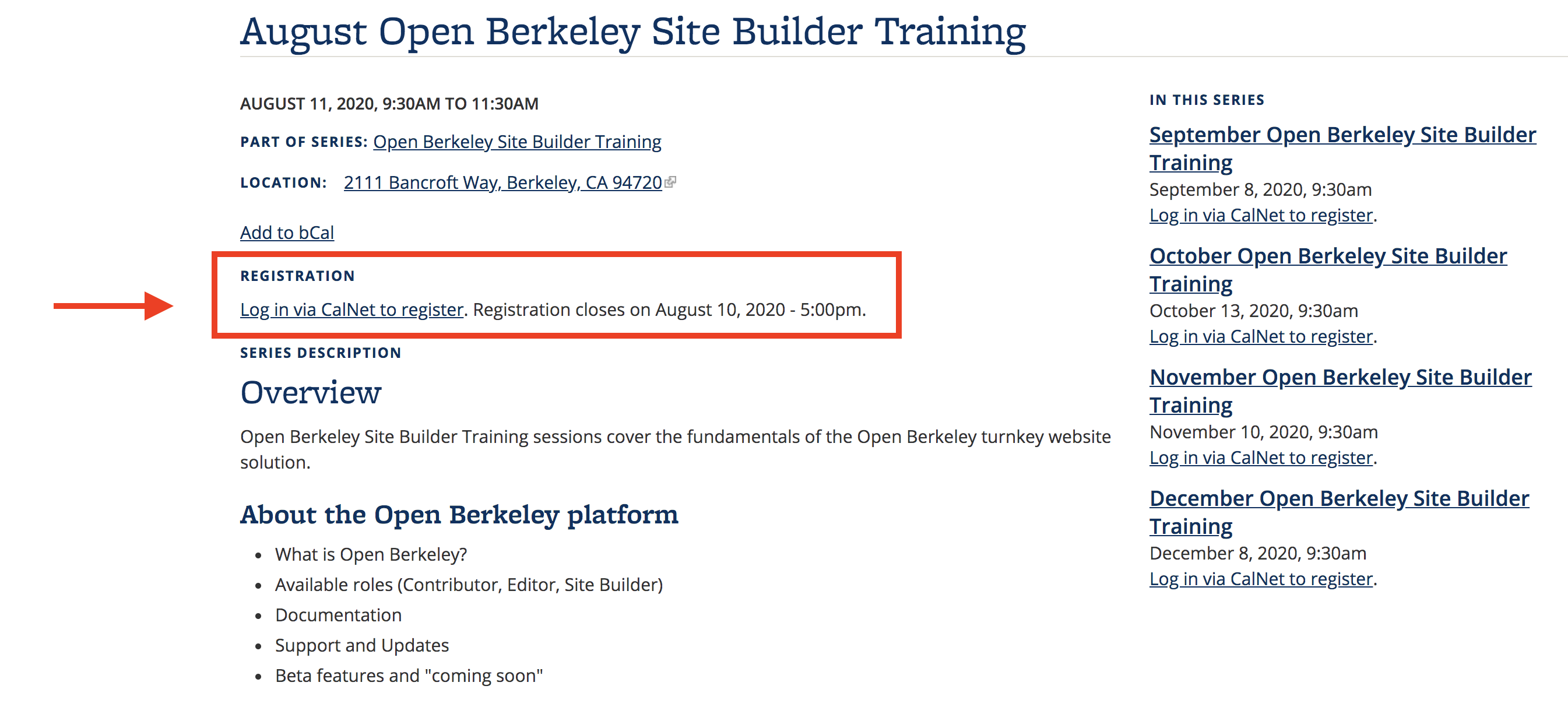 Screenshot of Site Builder training registration page