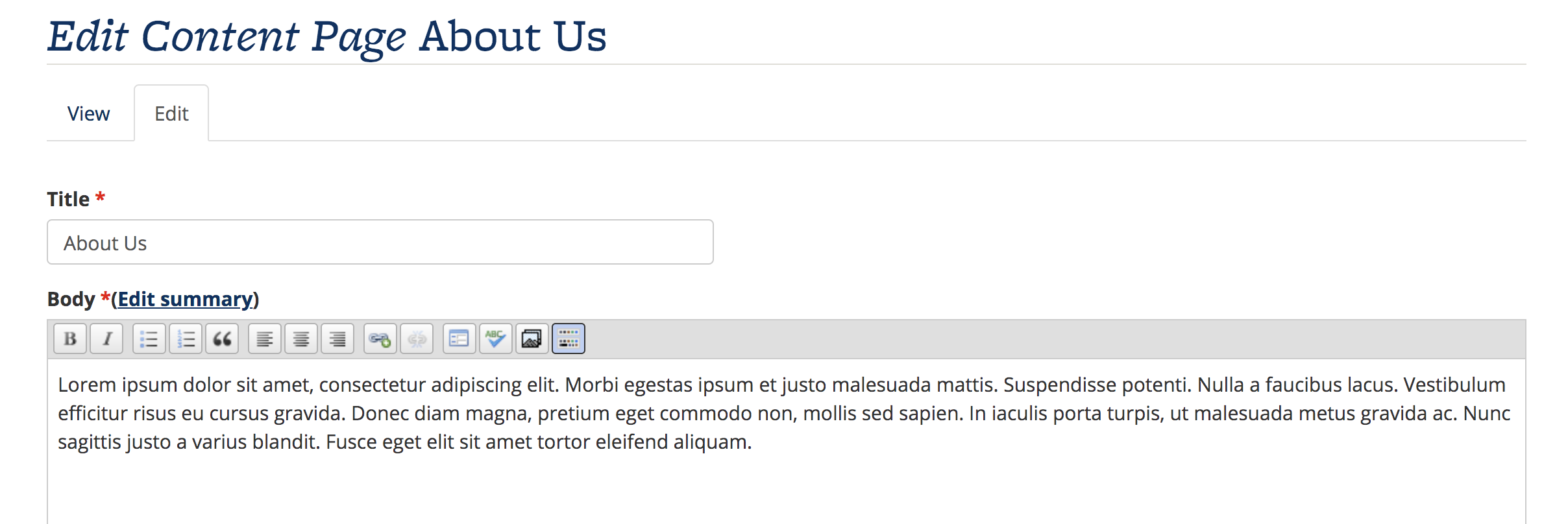 Screenshot of the edit screen of a content page, with a sample title of About Us, and some placeholder text in the Body field