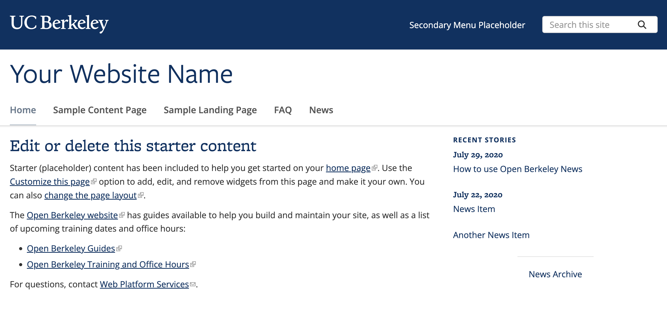 Screenshot of a typical Open Berkeley homepage with starter content