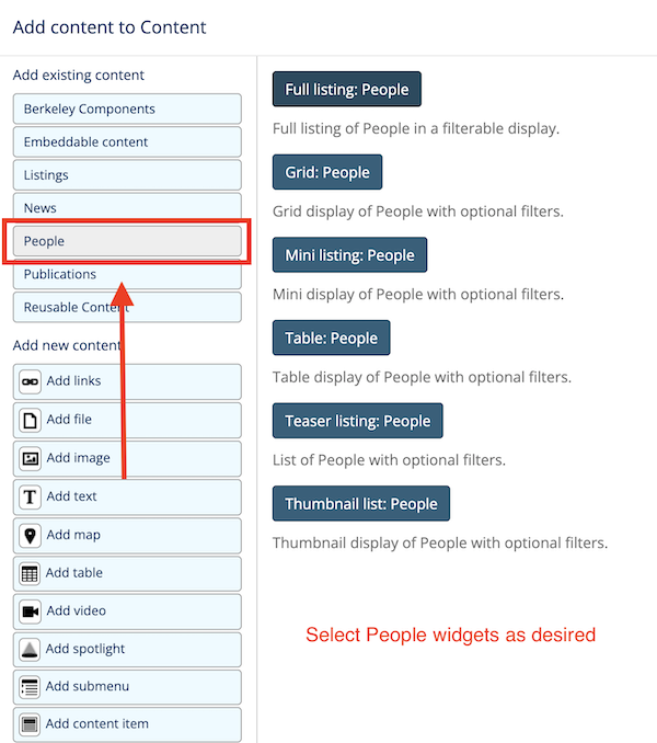 Screenshot of the widget selection modal with the People section highlighted