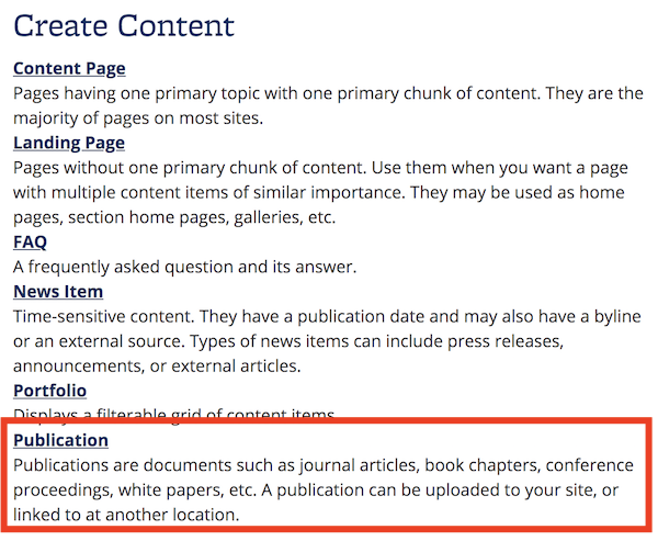 Screenshot of the Create Content section of the Site Builder dashboard, with Publication highlighted