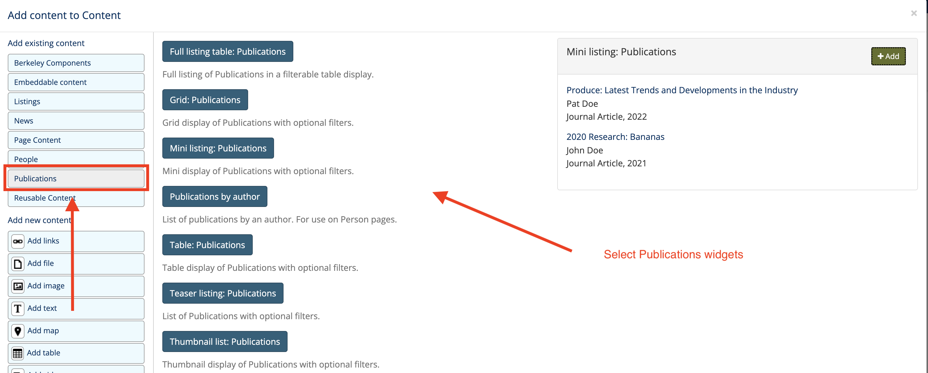 Screenshot of the widget selection modal with the Publications section highlighted