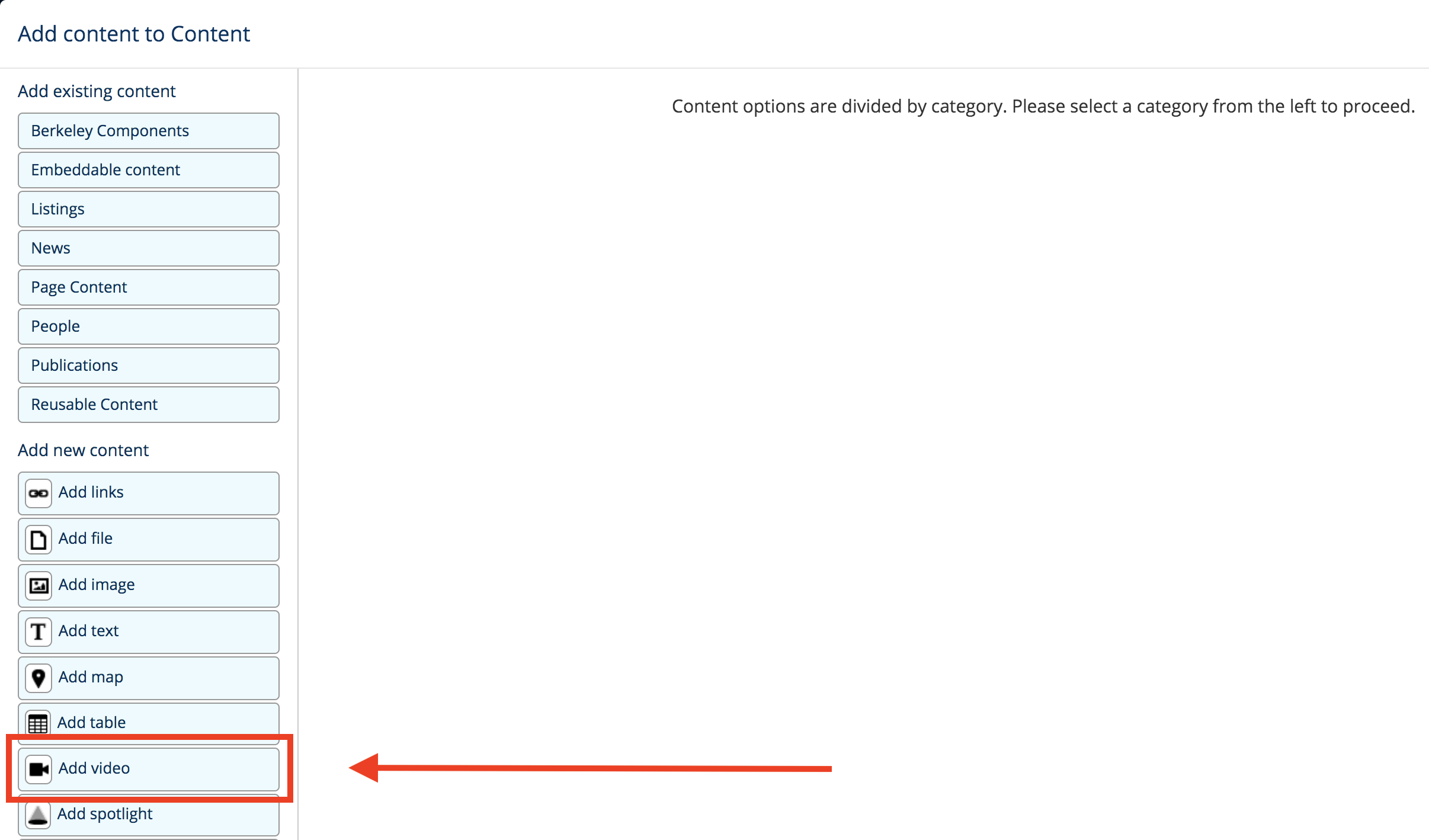 Screenshot of widget modal screen, where you can select the Add Video widget